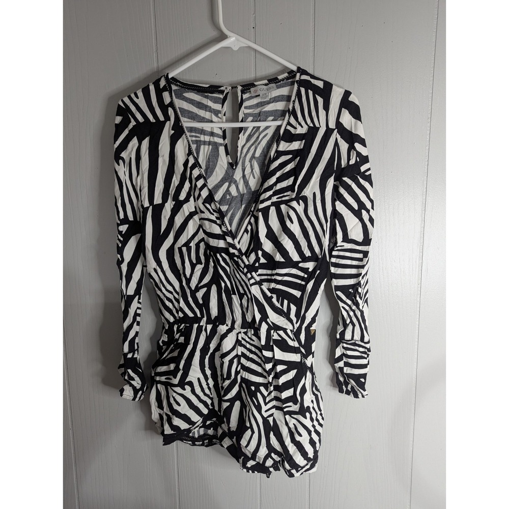 Guess womens XS black white zebra one piece shorts long sleeve romper pockets